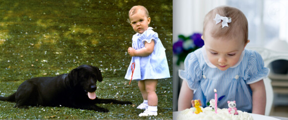A gauche, Victoria de Suède à 1 an à Solliden le 14 juillet 1978 ; à droite, sa fille la princesse Estelle à 1 an au palais Haga le 23 février 2013
