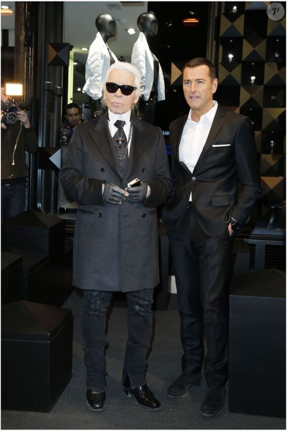 Karl Lagerfeld et Pier Paolo Righi à l'inauguration de la première boutique concept store de Karl Lagerfeld à Paris, le 28 février 2013.