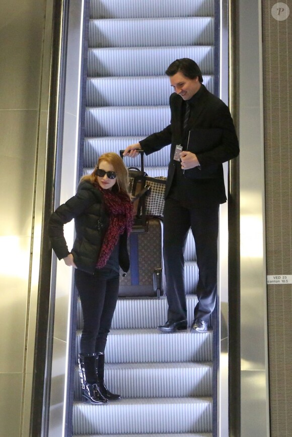 Exclusif - Jessica Chastain arrive à l'aéroport de Roissy-Charles-de-Gaulle. Le 2 mars 2013.