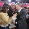 Aida Folch, Jean Rochefort et Michel Drucker et sa chienne Isia lors de l'enregistrement de l'émission Vivement dimanche diffusée le 10 mars 2013 sur France 2