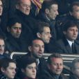 Jean-Claude Blanc, Nasser Al-Khelaïfi, Nicolas Sarkozy et Leonardo lors du match entre le PSG et Marseille lors de la 26eme journée de Ligue 1 au Parc des Princes à Paris le 24 février 2013