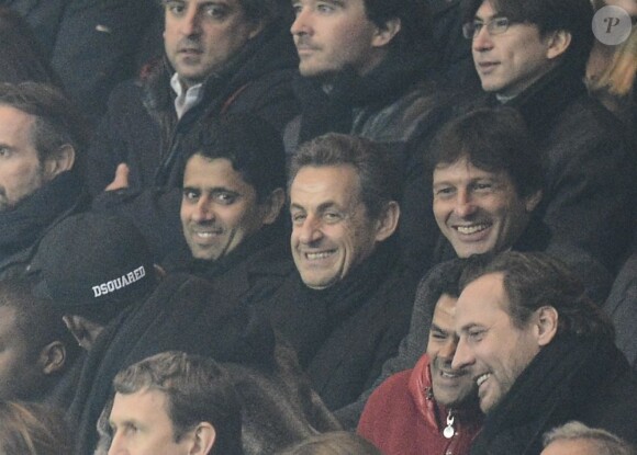 Nasser Al-Khelaifi, Nicolas Sarkozy et Leonardo lors du match entre le PSG et Marseille lors de la 26eme journée de Ligue 1 au Parc des Princes à Paris le 24 février 2013