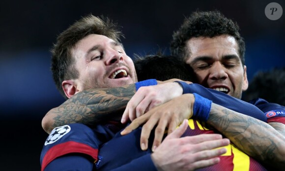 Lionel Messi exhulte lors du match entre le FC Barcelone et le Milan AC (4-0), lors du match retour de ligue des champions à Barcelone le 12 mars 2013