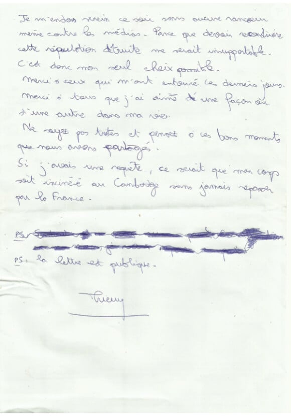 Thierry Costa, médecin du jeu Koh Lanta, avait laissé une lettre avant de se donner la mort le 1er avril 2013 - Verso