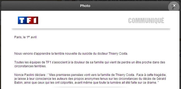 Communiqué de TF1 - Nonce Paolini s'exprime le lundi 1er avril 2013