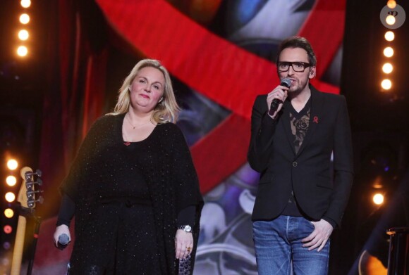 Exclusif - Valérie Damidot et Christophe Willem lors de l'enregistrement au Théâtre Marigny de l'émission Toute la télé chante pour le Sidaction à Paris le 21 mars 2013, qui sera diffusée sur France 2 le 6 avril 2013.
