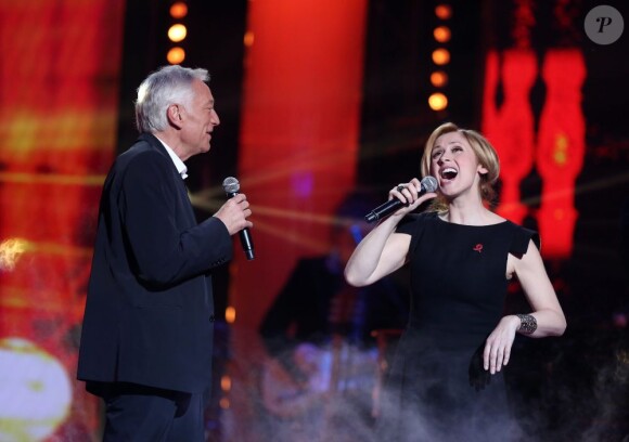Exclusif - Lara Fabian et Laurent Boyer lors de l'enregistrement au Théâtre Marigny de l'émission Toute la télé chante pour le Sidaction à Paris le 21 mars 2013, qui sera diffusée sur France 2 le 6 avril 2013.