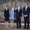 Le prince Felipe et la princesse Letizia d'Espagne recevaient à Madrid, au palais du Pardo, le 4 avril 2013, le secrétaire général des Nations unies Ban Ki-Moon et son épouse, ainsi que des dignitaires de l'ONU à l'occasion du Conseil des chefs de l'organisme et du coup d'envoi de la campagne "1.000 jours d'action pour les Objectifs du Millénaire pour le développement (OMD)".