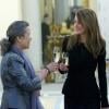 Letizia, qui trinque ici avec Soon-Taek, épouse de Ban Ki-Moon, et Felipe d'Espagne recevaient à Madrid, au palais du Pardo, le 4 avril 2013, le secrétaire général des Nations unies Ban Ki-Moon ainsi que des dignitaires de l'ONU à l'occasion du Conseil des chefs de l'organisme et du coup d'envoi de la campagne "1 000 jours d'action pour les Objectifs du Millénaire pour le développement (OMD)".
