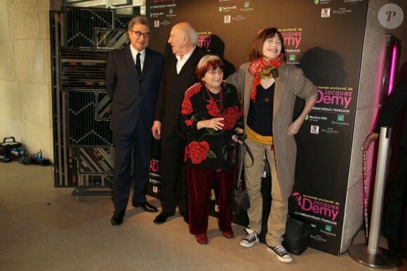 Serge Toubiana, Michel Piccoli, Agnès Varda et Jane Birkin à la soirée d'hommage à Jacques Demy pour l'exposition consacrée au cinéaste à la Cinémathèque Française, Paris, le 8 avril 2013.
