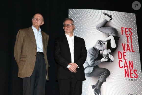 Gilles Jacob et Thierry Frémaux à Paris le 18 avril 2013 lors de la conférence de presse à l'UGC Normandie pour l'annonce de la sélection des films au prochain Festival de Cannes