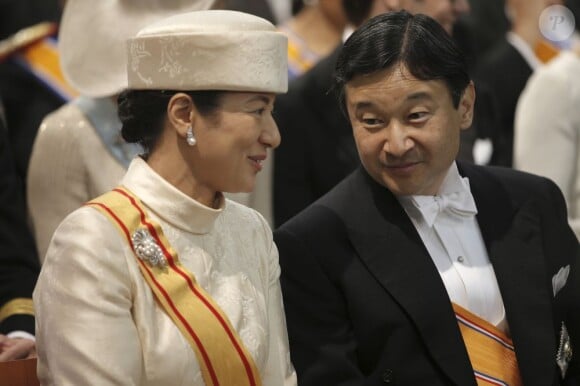 Le prince Naruhito et la princesse Masako du Japon lors de la prestation de serment du roi Willem-Alexander des Pays-Bas, le 30 avril 2013 à la Nouvelle Eglise (Nieuwe Kerk) d'Amsterdam.