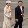 La princesse Masako et le prince Naruhito du Japon arrivant à la prestation de serment du roi Willem-Alexander des Pays-Bas, le 30 avril 2013 à la Nouvelle Eglise (Nieuwe Kerk) d'Amsterdam.