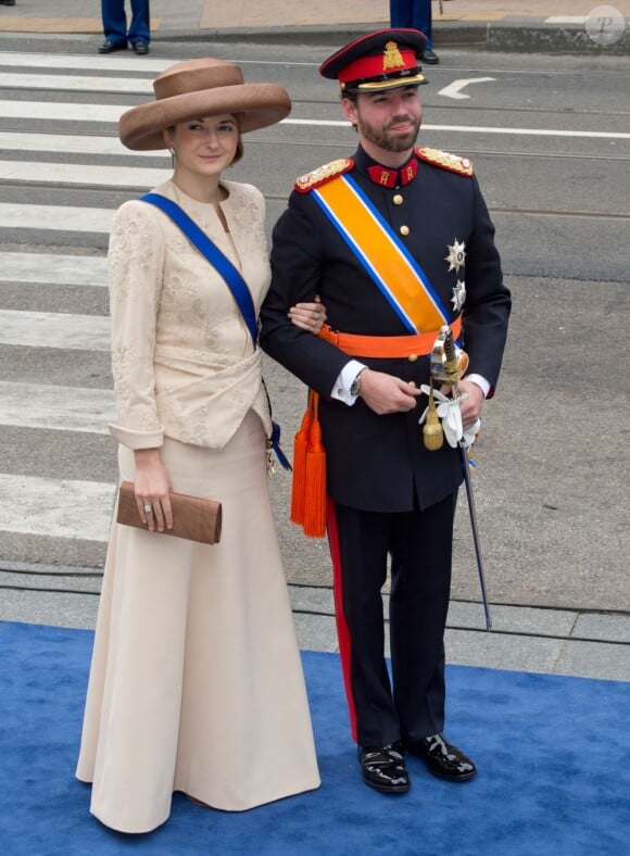 Le prince Guillaume et la princesse Stéphanie de Luxembourg à la prestation de serment du roi Willem-Alexander des Pays-Bas, le 30 avril 2013 à la Nouvelle Eglise (Nieuwe Kerk) d'Amsterdam.