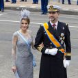 Letizia et Felipe d'Espagne prenaient part à la prestation de serment du roi Willem-Alexander des Pays-Bas, le 30 avril 2013 à la Nouvelle Eglise (Nieuwe Kerk) d'Amsterdam.