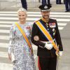 La princesse Mette-Marit et le prince Haakon de Norvège à leur arrivée pour la prestation de serment du roi Willem-Alexander des Pays-Bas, le 30 avril 2013 à la Nouvelle Eglise (Nieuwe Kerk) d'Amsterdam.