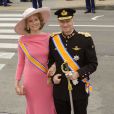 La princesse Mathilde et le prince Philippe de Belgique arrivant pour la prestation de serment du roi Willem-Alexander des Pays-Bas, le 30 avril 2013 à la Nouvelle Eglise (Nieuwe Kerk) d'Amsterdam.