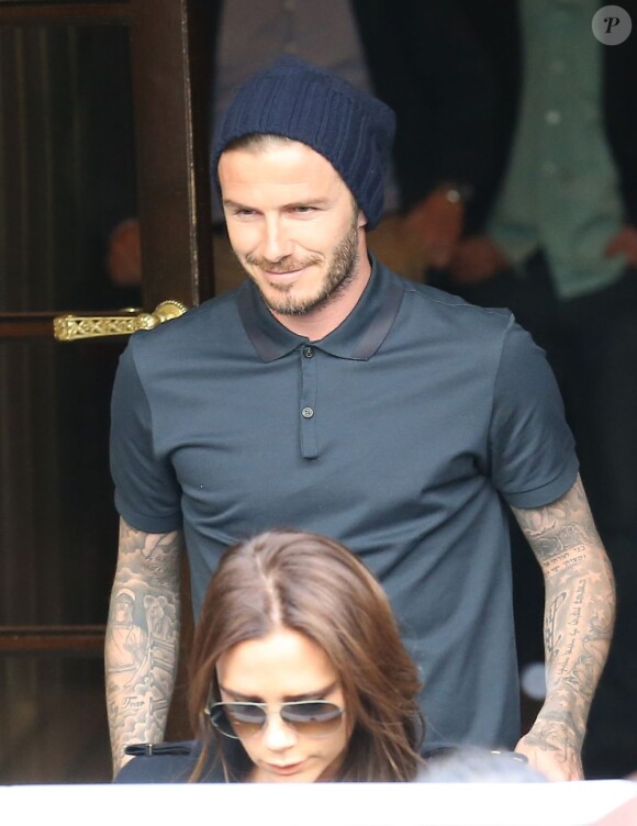 David et Victoria Beckham viennent de déjeuner avec leurs fils Cruz et Romeo à l'hôtel Costes à Paris le 4 mai 2013.