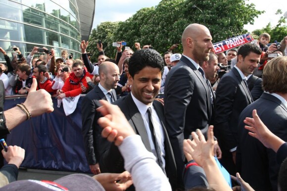 Nasser Al Khelaïfi quitte le Parc des Princes pour fêter le titre de Champion de France au Trocadero à Paris le 13 mai 2013.