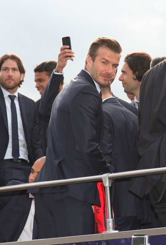 David Beckham quitte le Parc des Princes pour fêter le titre de Champion de France au Trocadero à Paris le 13 mai 2013.