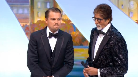 La cérémonie d'ouverture du Festival de Cannes le 15 mai 2013 : Leonardo DiCaprio et Amitabh Bachchan annoncent le lancement des festivités et la projection du film dont ils sont le héros, Gatsby le Magnifique