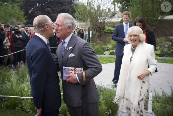 Le prince Harry observe le prince Charles et Camilla accueillant le duc d'Edimbourg au jardin Sentebale/Forget-me-not du Chelsea Flower Show, lors de la journée d'inauguration VIP de l'exposition, le 20 mai 2013 à Londres.