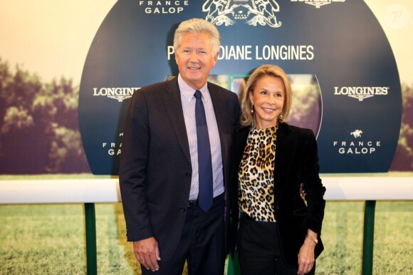 Pierre Dhostel et sa femme Caroline à la soirée de lancement du Prix de Diane Longines 2013 au Pavillon Gabriel, le 22 mai 2013.