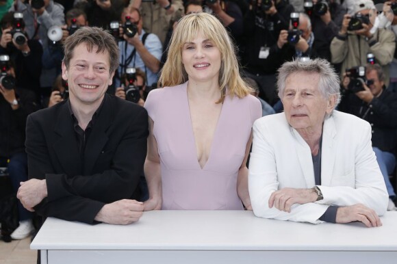 Mathieu Amalric, Emmanuelle Seigner et Roman Polanski lors du photocall du film "La Vénus à la fourrure" au 66e Festival du Film de Cannes le 25 mai 2013