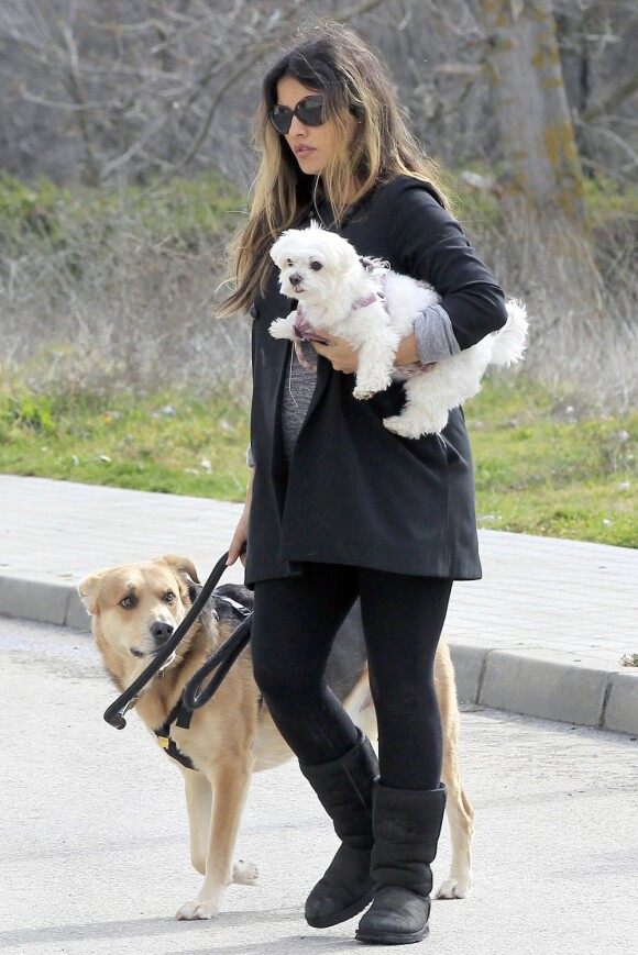 Monica Cruz (enceinte) va se promener avec ses chiens à Madrid, le 20 février 2013