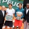 Jean Gachassin, David Ferrer, Rafael Nadal et Usain Bolt à Roland-Garros, à Paris le 9 juin 2013.