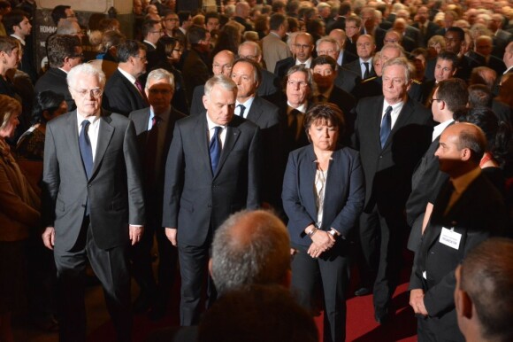 Lionel Jospin, Claude Bartolone, Jean-Marc Ayrault et Martine Aubry lors de l'hommage à Pierre Mauroy à Lille le 13 juin 2013.