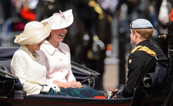 The Duchess of Cornwall (left), the Duchess of Cambridge and Prince Harry leave Buckingham Palace, in central London, UK to attend the annual Trooping the Colour parade on Saturday June 15, 2013. Photo by Dominic Lipinski/PA Wire/ABACAPRESS.COM15/06/2013 - London