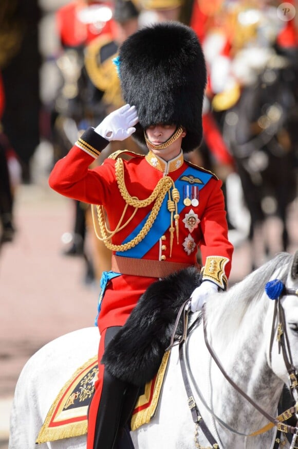 Le prince William, colonel des Irish Guards, le 15 juin 2013, lors de la parade Trooping the Colour, à la gloire des forces armées et de l'anniversaire de la souveraine, Elizabeth II.