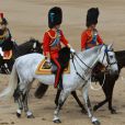 Le prince William, colonel des Irish Guards, entouré à sa droite de sa tante la princesse Anne, colonel des Blues and Royals, et à sa gauche de son père le prince Charles, colonel des Welsh Guards, au moment de l'arrivée de la reine Elizabeth II à Horse Guards Parade, à Londres le 15 juin 2013, lors de la cérémonie Trooping the Colour, à la gloire des forces armées et de l'anniversaire de la souveraine.