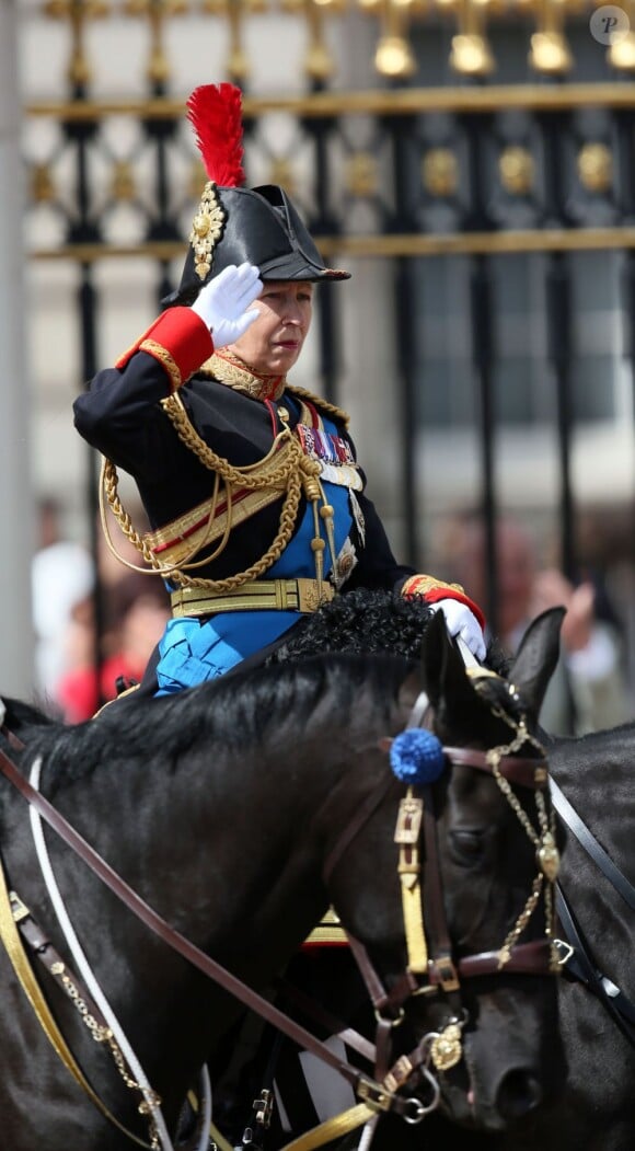 La princesse Anne, colonel des Blues and Royals, au moment de l'arrivée de la reine Elizabeth II à Horse Guards Parade, à Londres le 15 juin 2013, lors de la cérémonie Trooping the Colour, à la gloire des forces armées et de l'anniversaire de la souveraine.