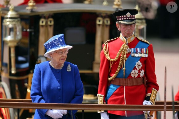 Queen Elizabeth II and Prince Michael, of Kent stand on a dias to review the troops during the annual Trooping of the Colours ceremony in London, UK on Saturday June 15, 2013. Britain's Queen Elizabeth II and members of the royal family at Buckingham Palace in central London for the Trooping of the Colours ceremony in celebration of the Queen's official Birthday. Prince Philip, the Duke of Edinburgh missed the occasion recuperating in hospital after a medical procedure. Photo by Michael Dunlea/Barcroft Media/ABACAPRESS.COM15/06/2013 - London