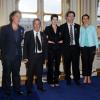 Yvan Attal, Maurice Benichou, Christine Angot et François Morel après avoir reçu leurs insignes au ministère de la Culture le 19 juin 2013 à Paris