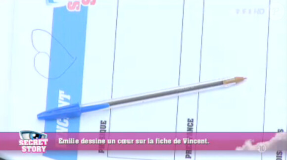 Emilie écrit un coeur sur la fiche de Vincent dans la quotidienne de Secret Story 7 sur TF1 le lundi 8 juillet 2013