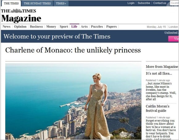 Interview de la princesse Charlene de Monaco par le Times Weekend Magazine, en date du 13 juillet 2013.