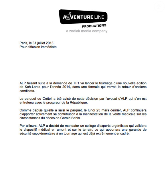 Communiqué officiel d'Adventure Line Productions - 31 juillet 2013