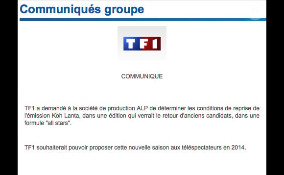 Communiqué de presse du groupe TF1
