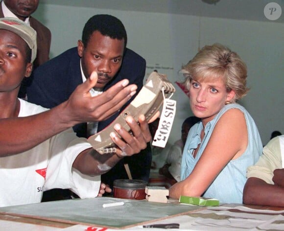 La princesse Diana en Angola, se faisant expliquer le travail de déminage effectué par The HALO Trust, en janvier 1997.