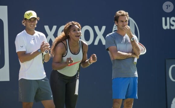 Rafael Nadal, Serena Williams et Roger Federer réunis pour le Arthur Ashe Kids' Day à New York, le 24 août 2013.
