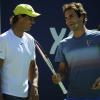 Rafael Nadal et Roger Federer complices pour le Arthur Ashe Kids' Day à New York, le 24 août 2013.
