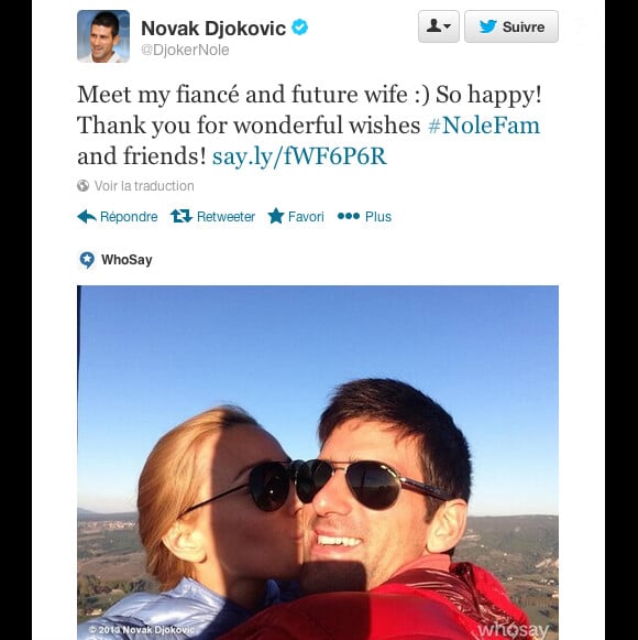 Novak Djokovic annonce ses fiançailles avec Jelena Ristic sur Twitter le 25 septembre 2013.