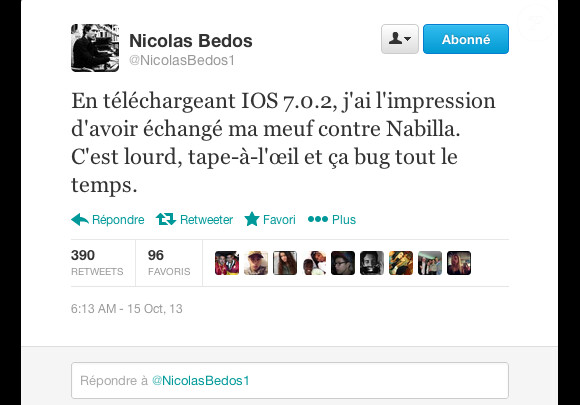 Le tweet de Nicolas Bedos sur Nabilla posté le 15 octobre 2013.
