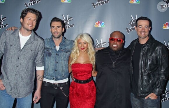 Blake Shelton, Adam Levine, Christina Aguilera, Cee Lo Green de la verson américaine de The Voice, à Los Angeles le 15 mars 2011.