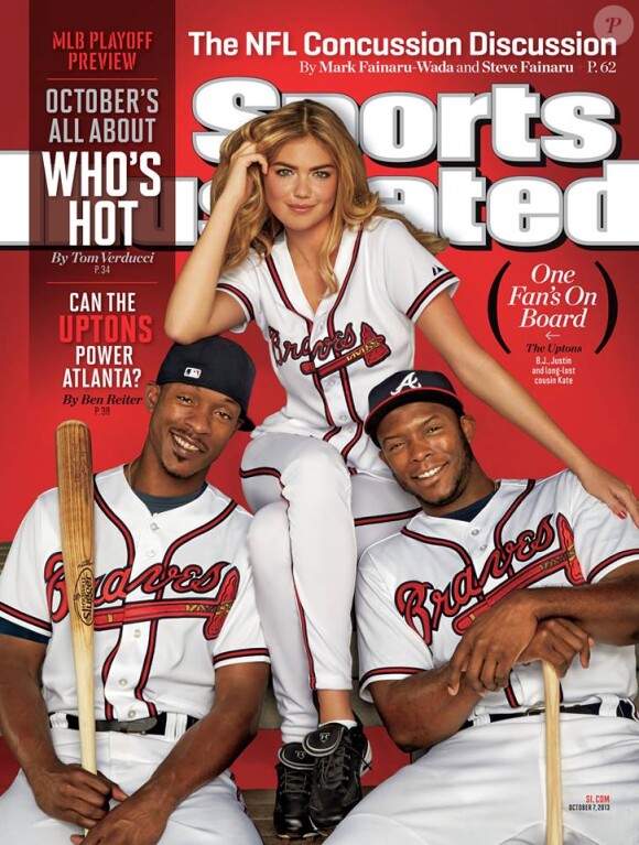 Kate Upton en couverture du magazine Sports Illustrated d'octobre 2013 avec les joueurs de baseball B.J. et Justin Upton.