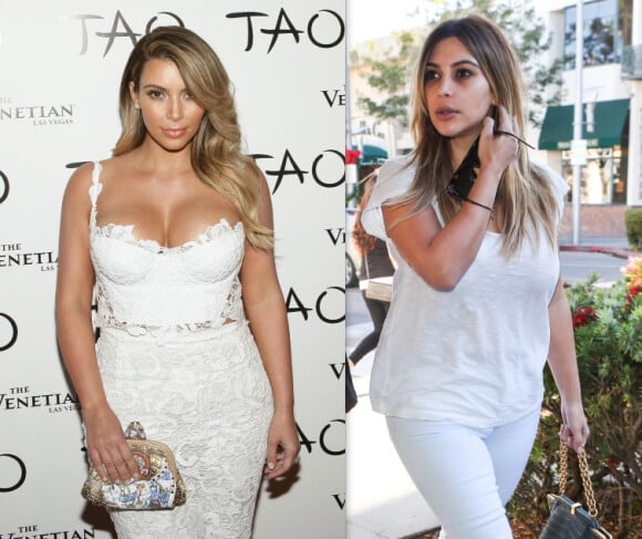 A gauche : Kim Kardashian, apprêtée pour son 33e anniversaire à Las Vegas, le 25 octobre 2013. A droite : Tout de blanc vêtue, la star de télé-réalité quitte le restaurant La Scala à Beverly Hills. Le 14 novembre 2013.