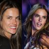 Alessandra Ambrosio à gauche sans maquillage lors d'une sortie nocturne en novembre 2013. A droite, sur le podium Victoria's Secret